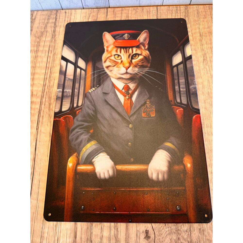 Train Conductor Kitty Metal Sign Cute Cat Working Cat Metal Home Decor FAST SHIP